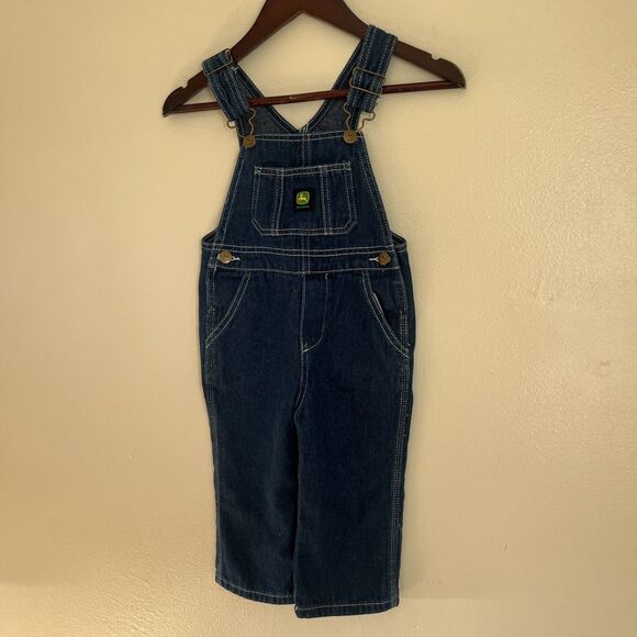 JOHN DEERE Kid’s Contrast Stitch Denim Bib Logo Overalls, 100% Cotton- Size 2T - Picture 2 of 8